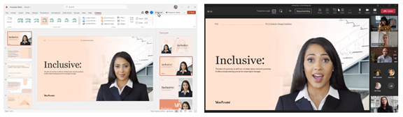 A two-part image shows a woman presenting a PowerPoint slide on "Inclusive" design in a virtual meeting through Microsoft 365.