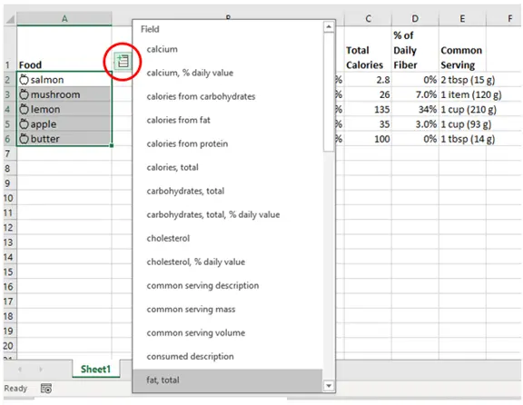 An Excel spreadsheet displays a list of foods including salmon, mushroom, lemon, apple, and butter.