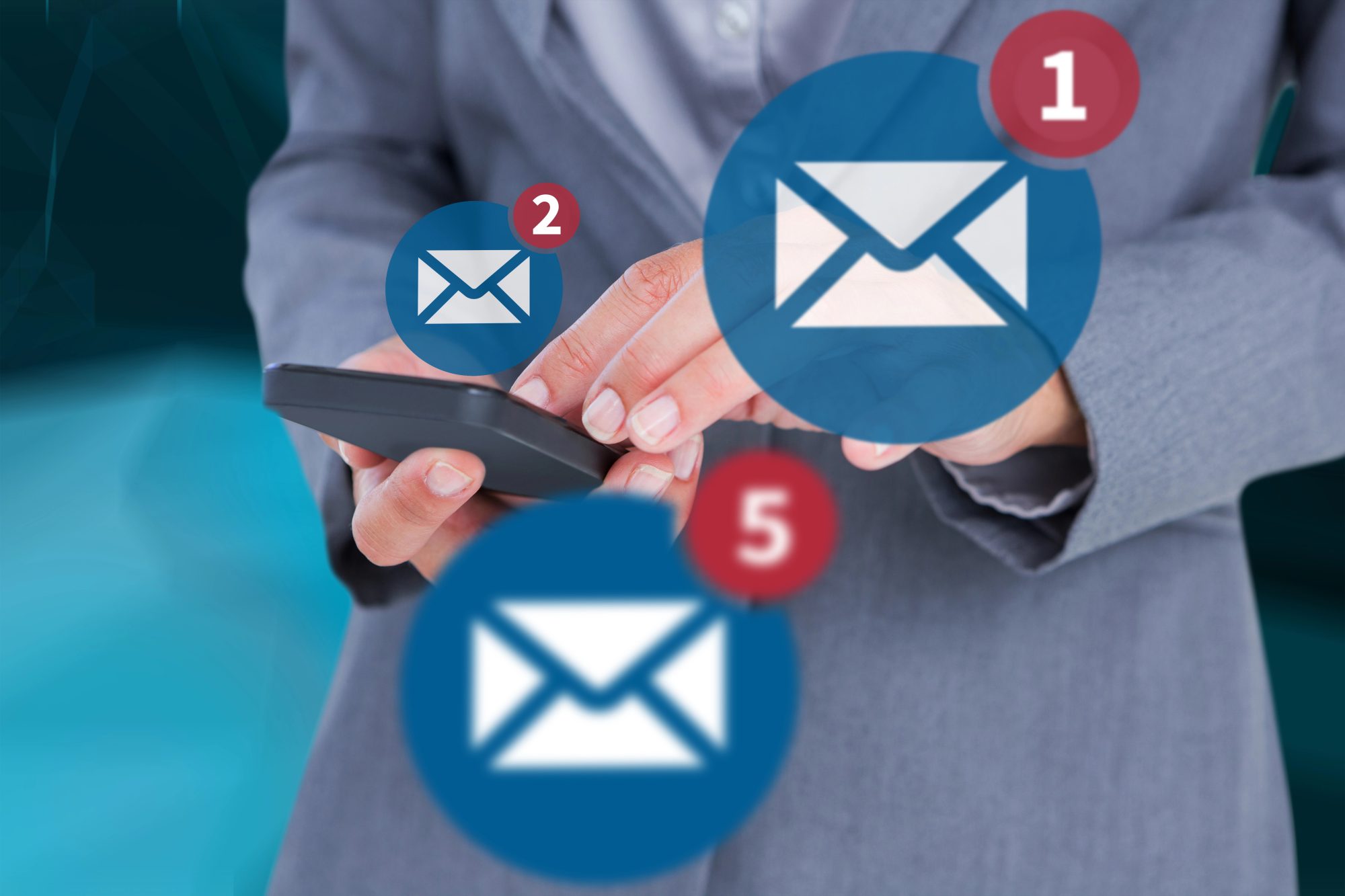 A person in a suit is using a smartphone with three floating icons of envelopes with red notification circles.