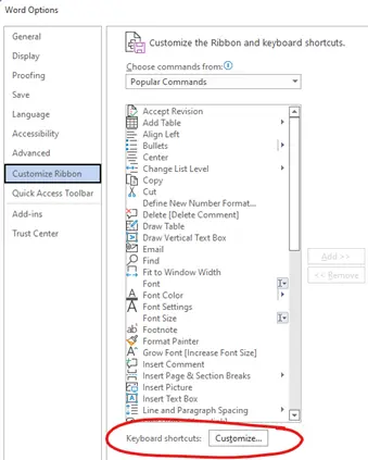 Screenshot of a Word Options window showing the "Customize Ribbon" section.