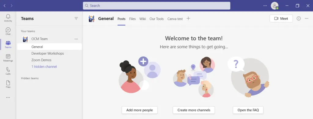 Screenshot of a Microsoft Teams interface showing the "General" channel of a team.