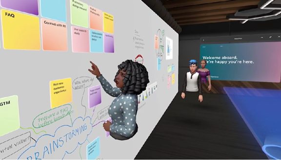 Three avatars in a virtual reality meeting room.