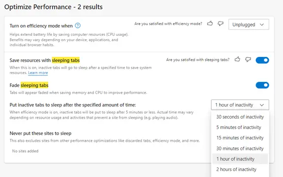 Screenshot of a browser settings menu titled "Optimize Performance"