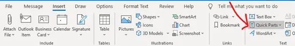 A screenshot of the "Insert" tab in Microsoft Word's ribbon. A red arrow points to the "Quick Parts" button under the "Text" group.