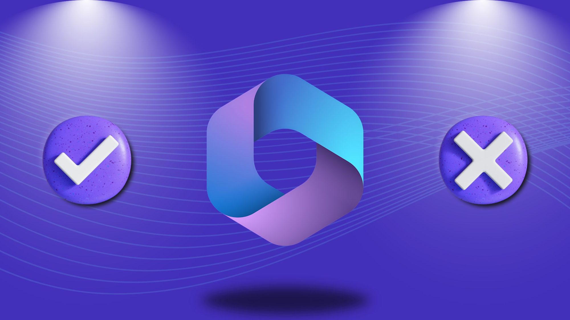 A central hexagonal logo in blue and purple hues is flanked by a purple circle with a white checkmark on the left and a purple circle with a white 'X' on the right.
