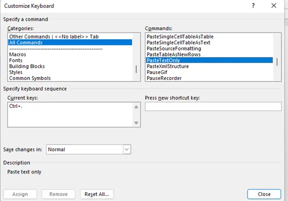 A customization panel of a keyboard shortcut settings window.