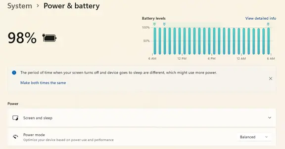 A screenshot of the System Power & Battery settings page with a graph which shows battery usage over time. 