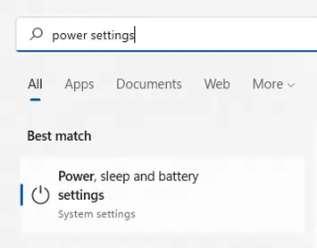 A search bar labeled "Search" contains the text "power settings." 