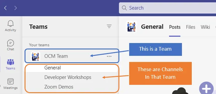 Screenshot of a Microsoft Teams interface showing the "OCM Team" under "Your teams".