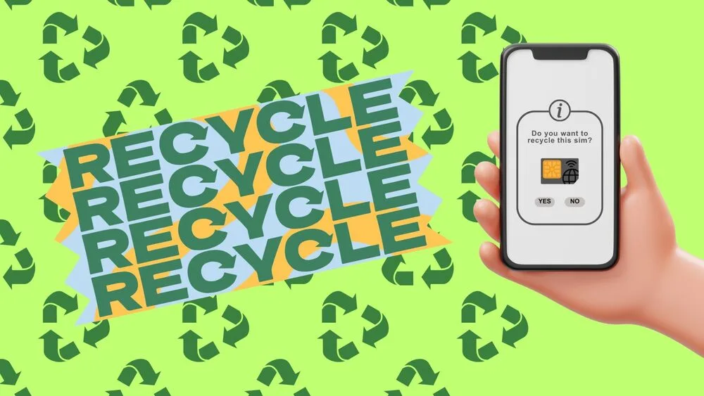 A hand holds a smartphone displaying a prompt for recycling options.