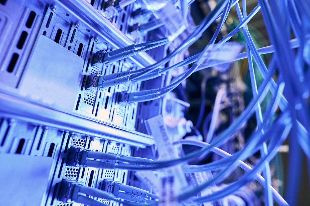 A close-up view of a server room with multiple blue and gray network cables connected to hardware racks. The cables are neatly organized and illuminated by a soft blue light, giving a high-tech and modern appearance.