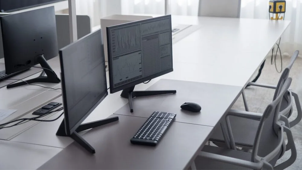 A modern office space with two computer monitors displaying graphs and data, accompanied by a keyboard and a mouse on a white desk.