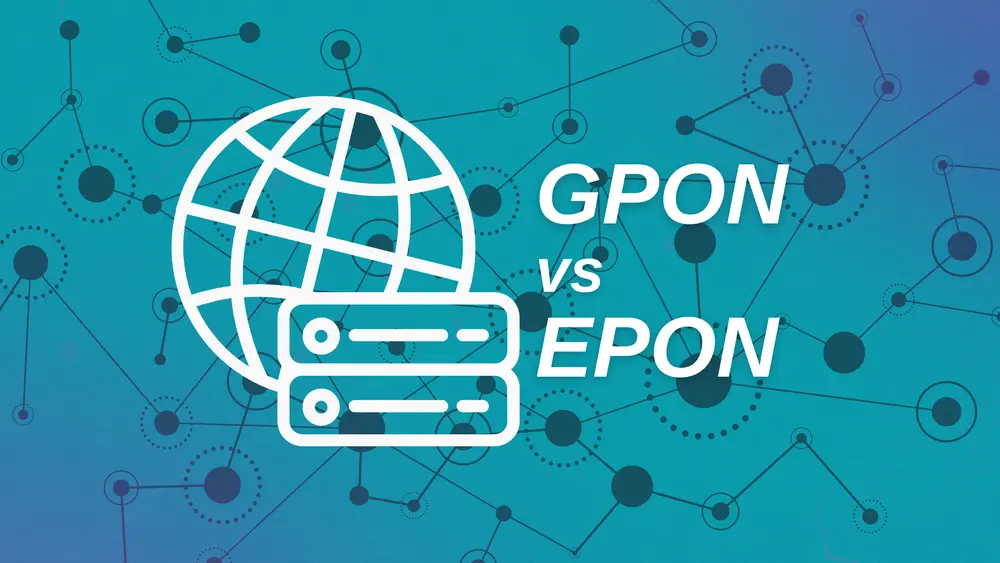 Illustration of a globe and server icon with text "GPON vs EPON" on a blue background with a network pattern, depicting a comparison between GPON (Gigabit Passive Optical Network) and EPON (Ethernet Passive Optical Network) technologies.