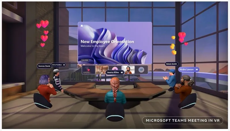 Virtual reality meeting scene with avatars sitting around a table in a modern room. A large screen reads "New Employee Orientation." Background shows a sunset through the windows. Text at the bottom says "Microsoft Teams Meeting in VR.