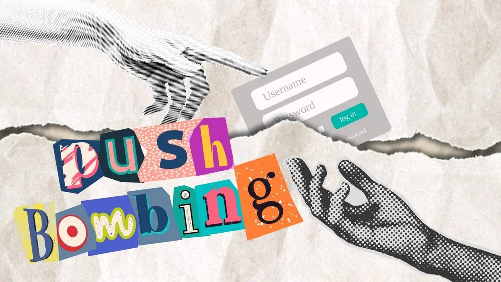 A collage showing one hand handing a login form, symbolizing authentication, to another hand. Below, colorful cut-out letters spell "push Bombing," representing a cybersecurity concept. The background is a torn paper texture.