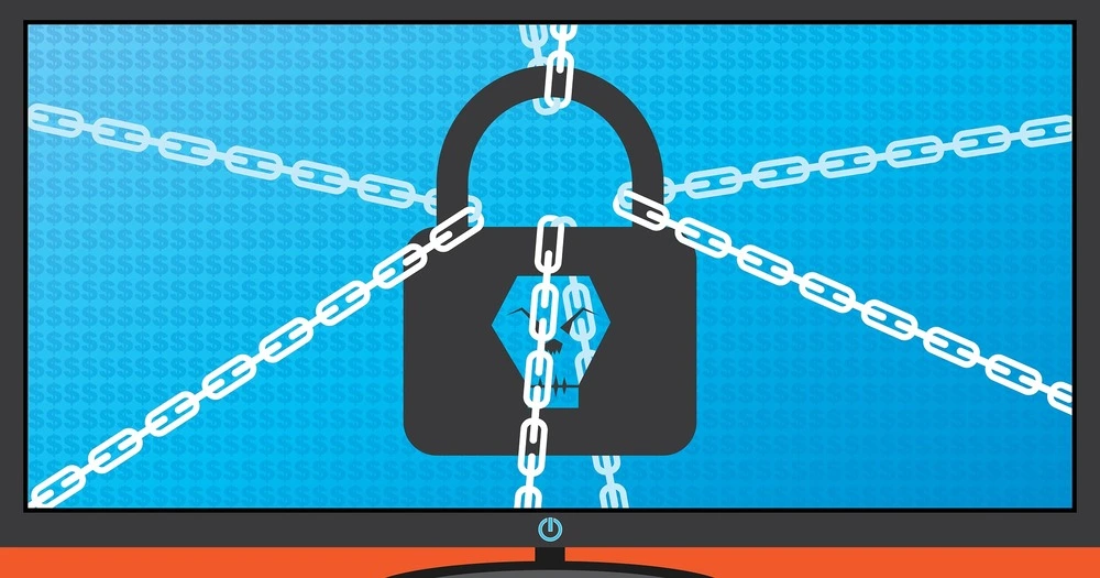 An illustration of a large black padlock on a blue screen, wrapped with white chains.