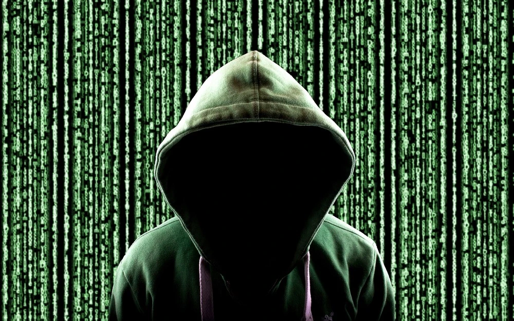 A person in a dark green hoodie stands against a backdrop of cascading green digital code, reminiscent of a matrix style.