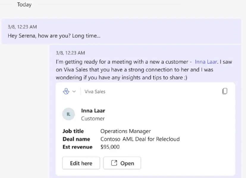 A digital chat interface showing a conversation about an upcoming meeting with a new customer, Inna Laar. 