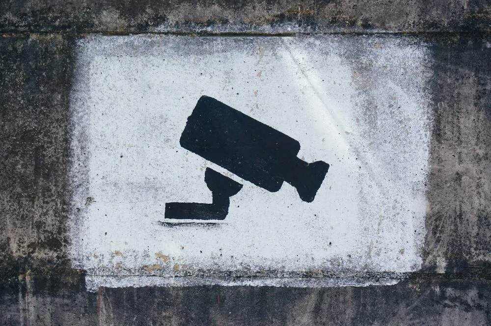 A black silhouette of a surveillance camera is stenciled on a white rectangular background against a rough, dark gray concrete wall.