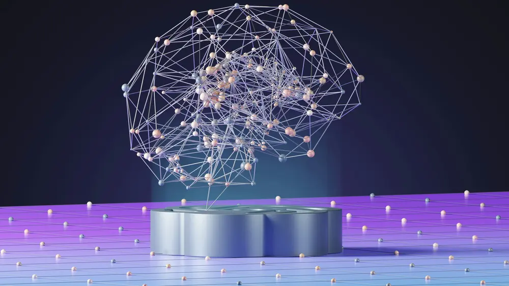 Abstract 3D illustration of a neural network structure, resembling a brain, with interconnected nodes and lines. 