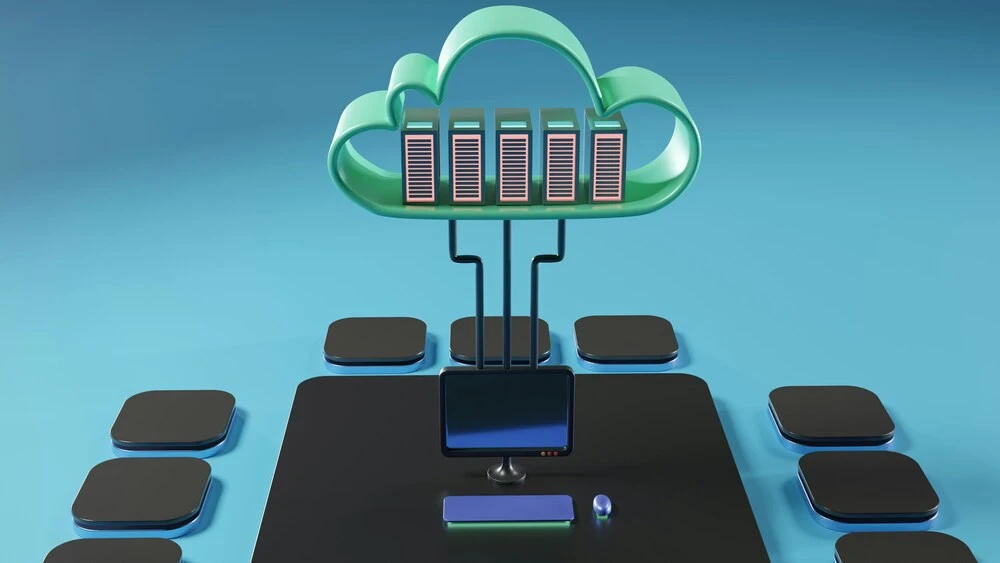 A digital illustration of an edge computing concept. A green cloud hovers above, connected to a monitor, keyboard, and mouse. 