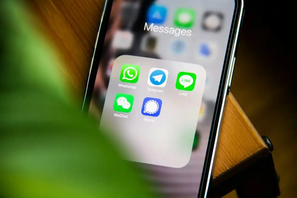 A smartphone screen displays a folder labeled "Messages" containing messaging apps: WhatsApp, Telegram, LINE, WeChat, and Signal. A blurred green leaf partially obscures part of the screen.