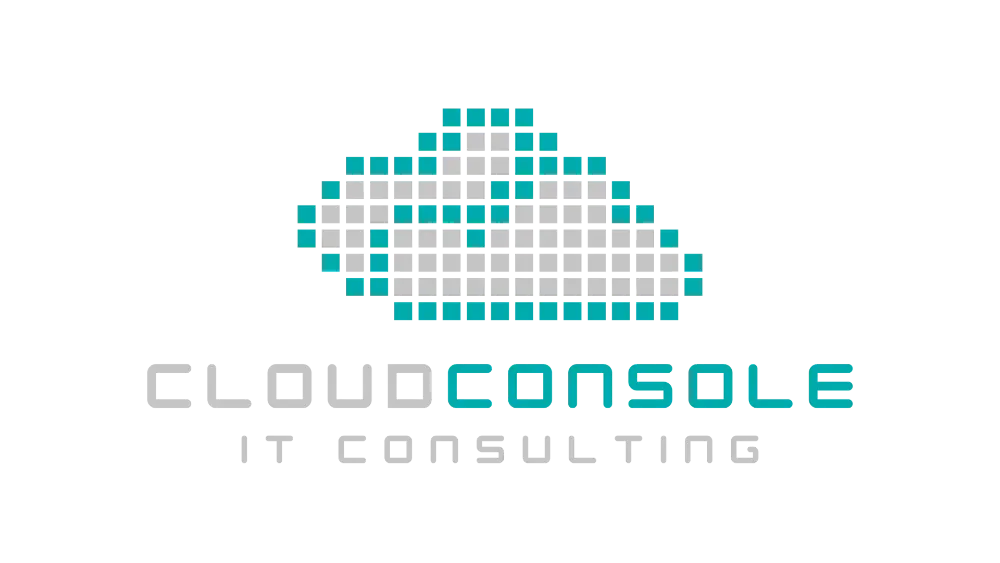 Pixelated cloud graphic with the text "CLOUDCONSOLE IT CONSULTING" beneath it, depicted in a blocky, retro font.