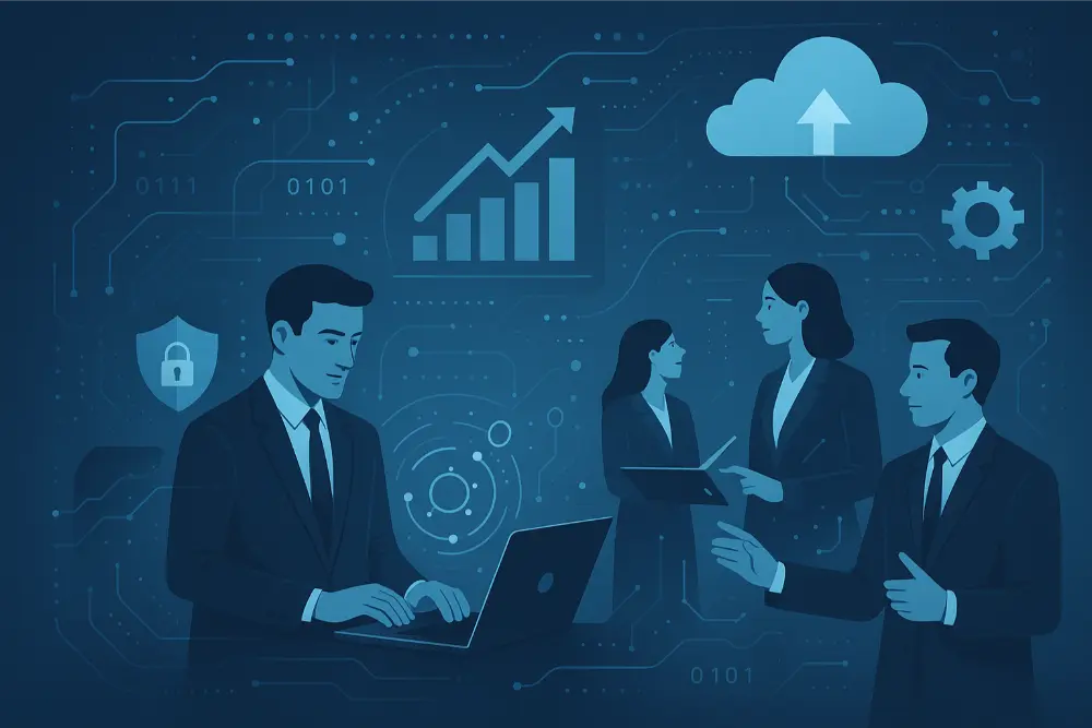 Technology Solutions for Businesses_Header Illustration of business professionals in suits working with laptops and tablets, surrounded by digital icons like a cloud, charts, gears, and security symbols, representing teamwork in a technology-driven environment.