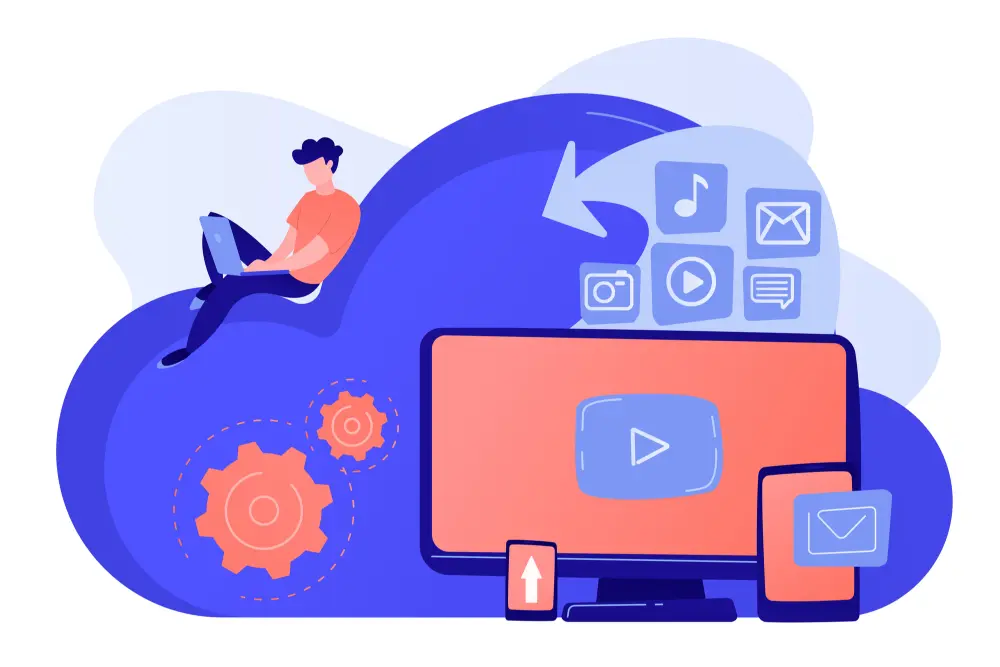 Illustration of a person using a laptop while sitting on a large blue cloud, with icons of music, email, and photos floating above. Nearby are a monitor, tablet, and smartphone displaying media and email symbols.