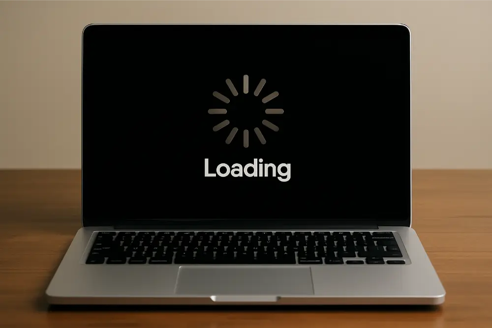 A laptop on a wooden table displays a black screen with a white loading icon and the word “Loading” in the center.
