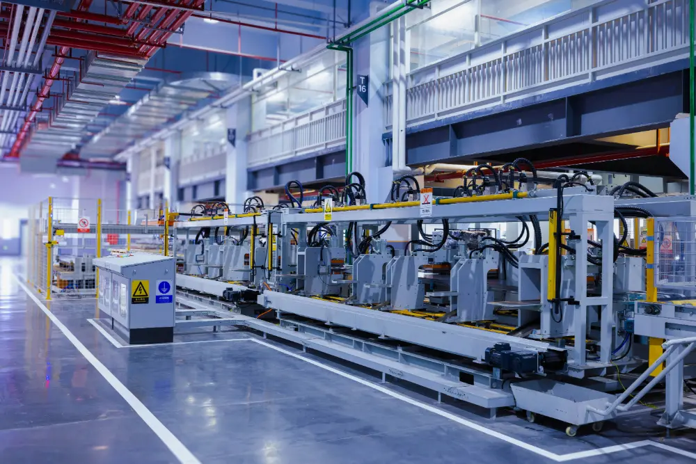 A modern factory interior with automated robotic arms and machinery along a production line, surrounded by safety barriers, bright lighting, and clean, polished floors.