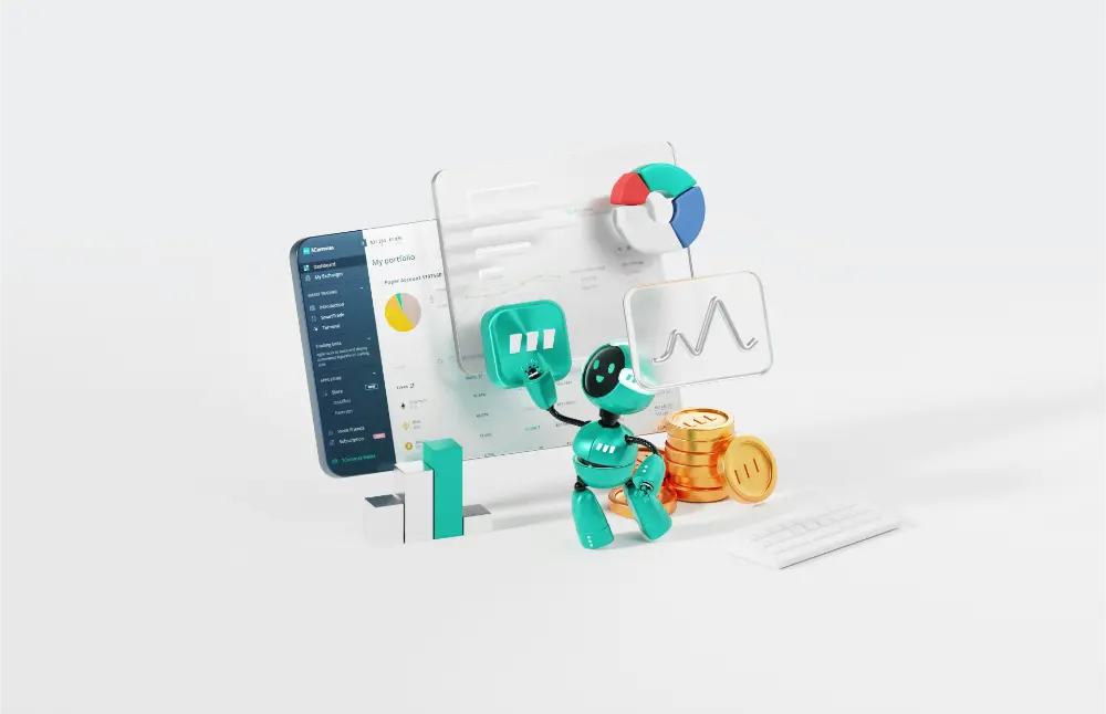 A 3D illustration shows a robot analyzing charts, coins, and graphs, with digital dashboards and data visualizations in the background, symbolizing finance, data analysis, and automation.