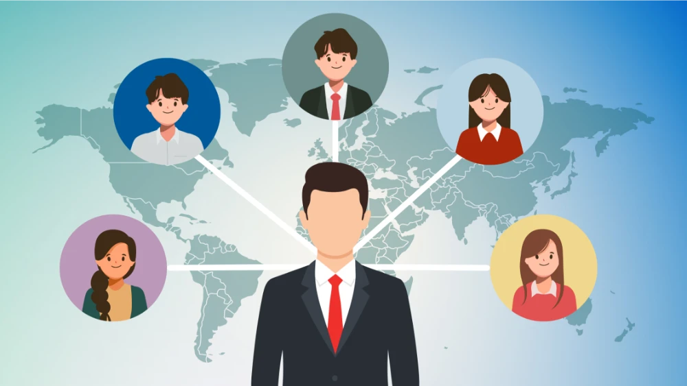 Illustration of a central faceless person in a suit, connected by lines to five diverse cartoon people in circles, with a world map backdrop, representing global teamwork or communication.