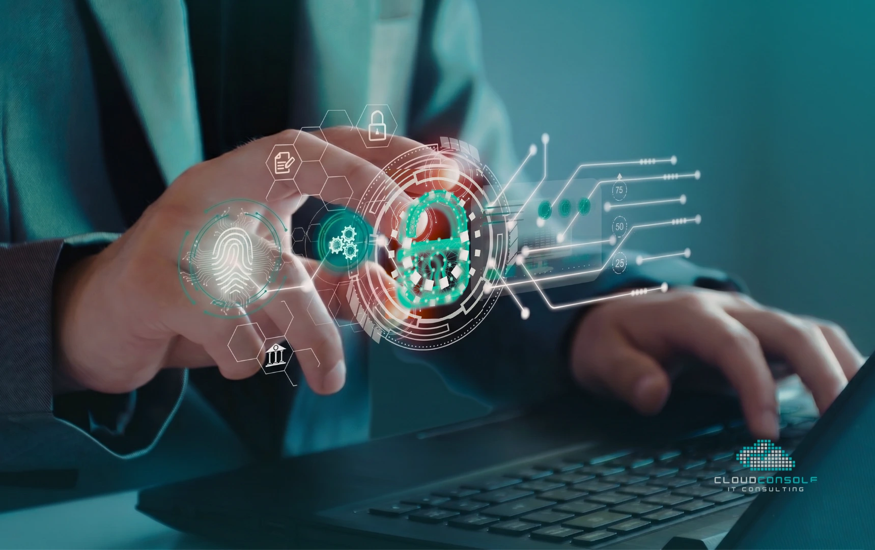A person's hands interact with a glowing digital interface showing a fingerprint, gears, and a padlock, overlaid on a laptop keyboard, representing cybersecurity and data protection.