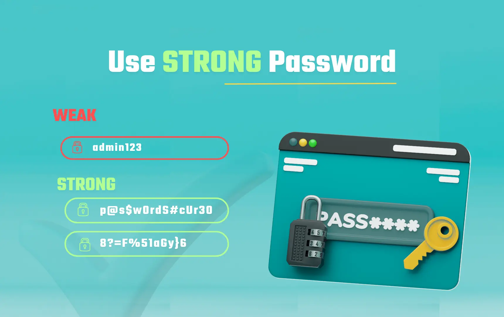 Illustration comparing a weak password to strong passwords with icons representing security. A browser window shows a password field with a combination lock and key, emphasizing password security.