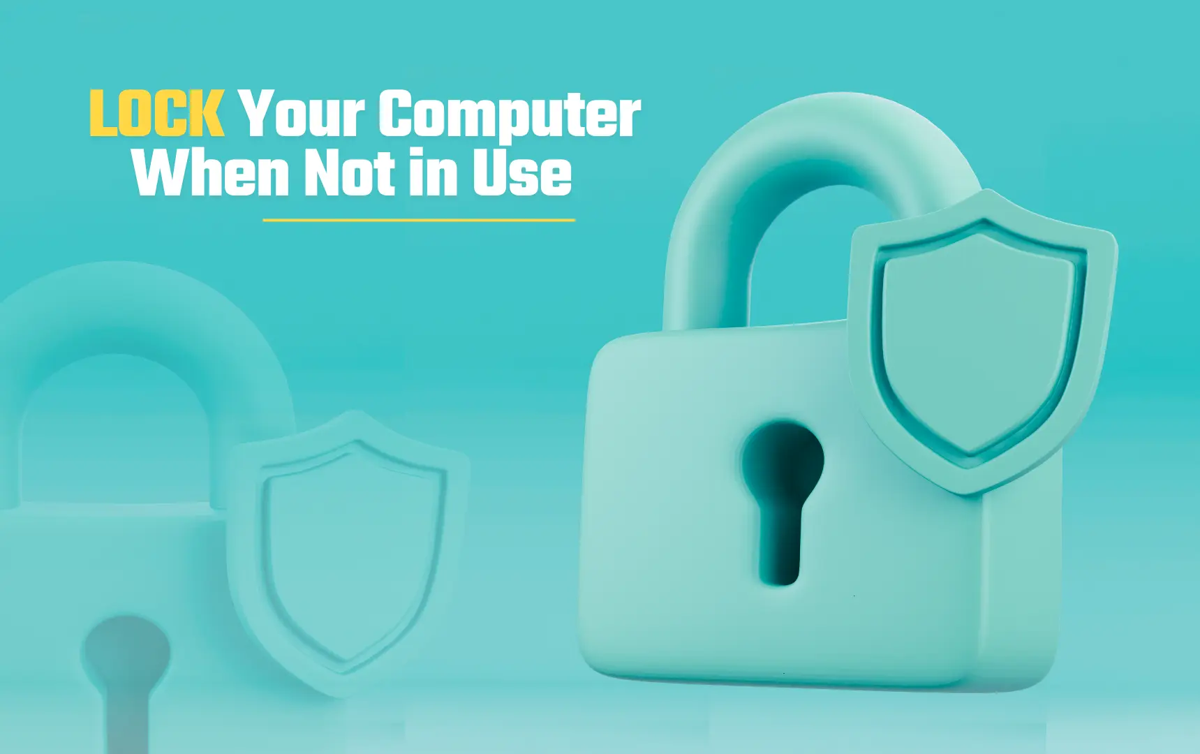 A light blue padlock with a shield overlay is shown in the foreground, with another padlock and shield faded in the background.