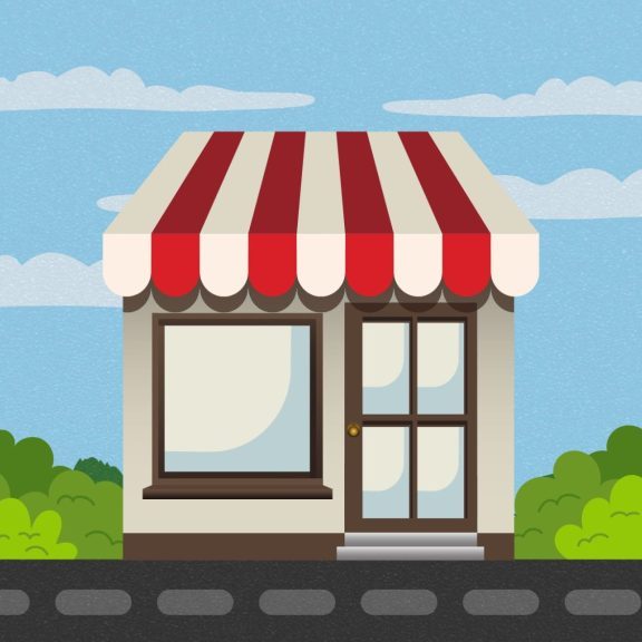 Illustration of a small store with a red and white striped awning, large front-facing window, and glass door.