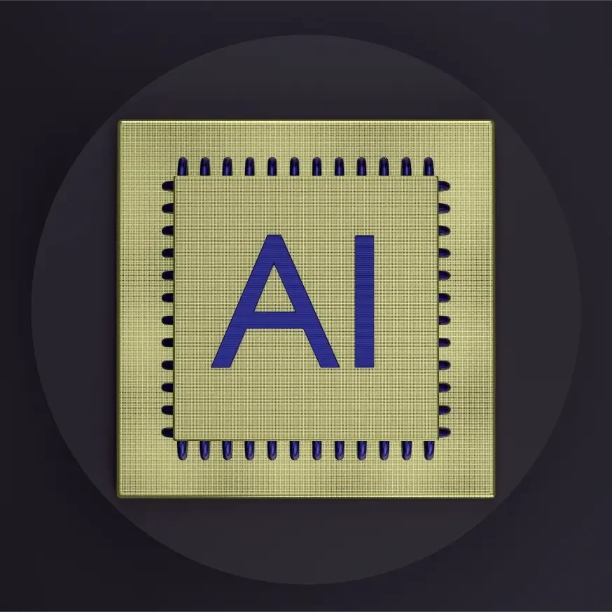 A digital illustration of a computer chip with the large blue letters "AI" in the center, set against a dark circular background. The chip has a grid pattern and blue circuit lines around its edges.