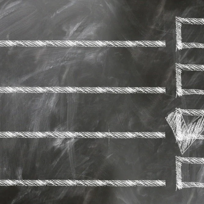 A chalkboard with five checkboxes in a vertical list, each next to a blank line.