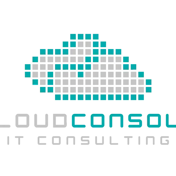 Pixelated cloud graphic with the text "CLOUDCONSOLE IT CONSULTING" beneath it, depicted in a blocky, retro font.