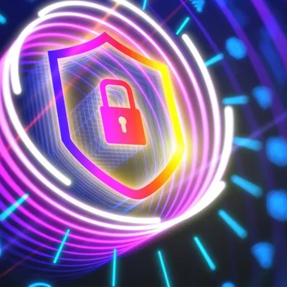 A neon-colored security concept image featuring a glowing shield with a padlock icon at the center, surrounded by circular, swirling lines and digital patterns, representing cybersecurity or data protection.