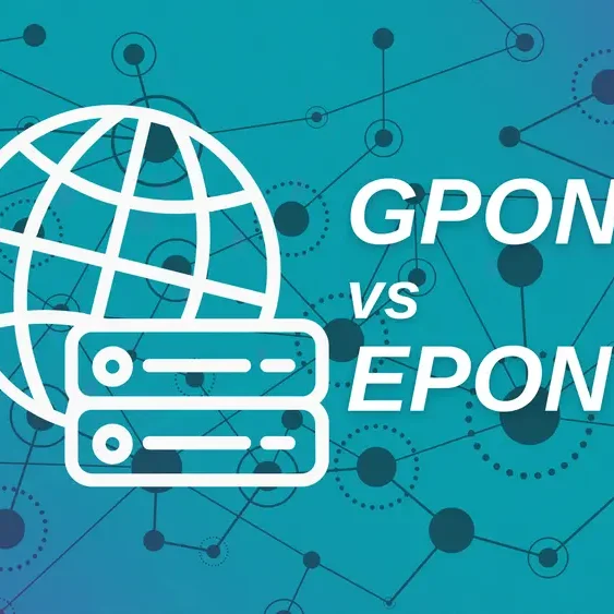 Illustration of a globe and server icon with text "GPON vs EPON" on a blue background with a network pattern, depicting a comparison between GPON (Gigabit Passive Optical Network) and EPON (Ethernet Passive Optical Network) technologies.