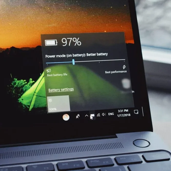 A laptop screen shows the Windows battery indicator at 97% with the power mode set to "Better Battery."