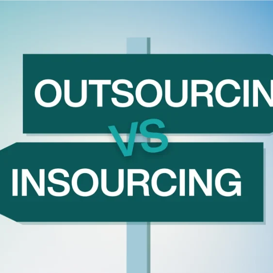 Two directional signboards pointing opposite ways, one labeled "Outsourcing" and the other "Insourcing," with "VS" in the center. The background fades from light blue to white.
