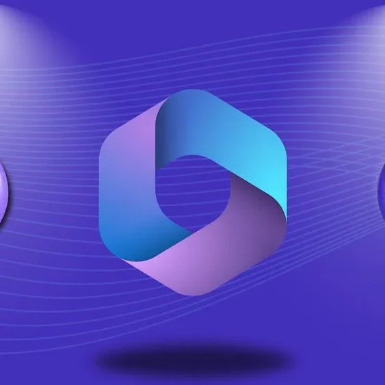 A stylized hexagonal logo in shades of blue is centered against a wavy purple background.