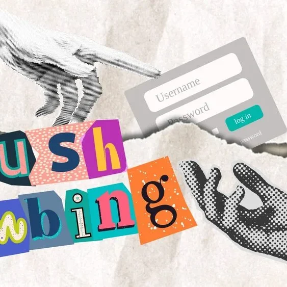 A collage showing one hand handing a login form, symbolizing authentication, to another hand. Below, colorful cut-out letters spell "push Bombing," representing a cybersecurity concept. The background is a torn paper texture.