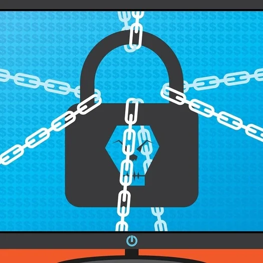 An illustration of a large black padlock on a blue screen, wrapped with white chains.