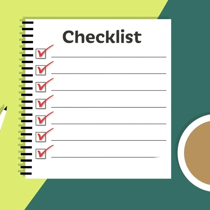 Illustration of a checklist on a spiral-bound pad, with red checkmarks next to each line.