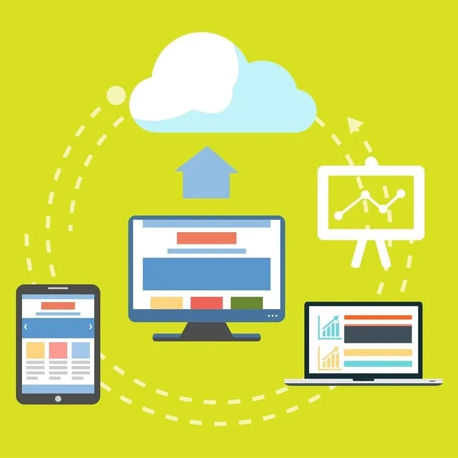 Illustration of digital devices connected to a cloud, symbolizing data synchronization.