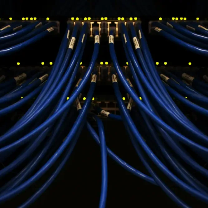 A close-up view of multiple blue network cables plugged into a server rack, with small yellow LED lights indicating active connections in a dark environment.